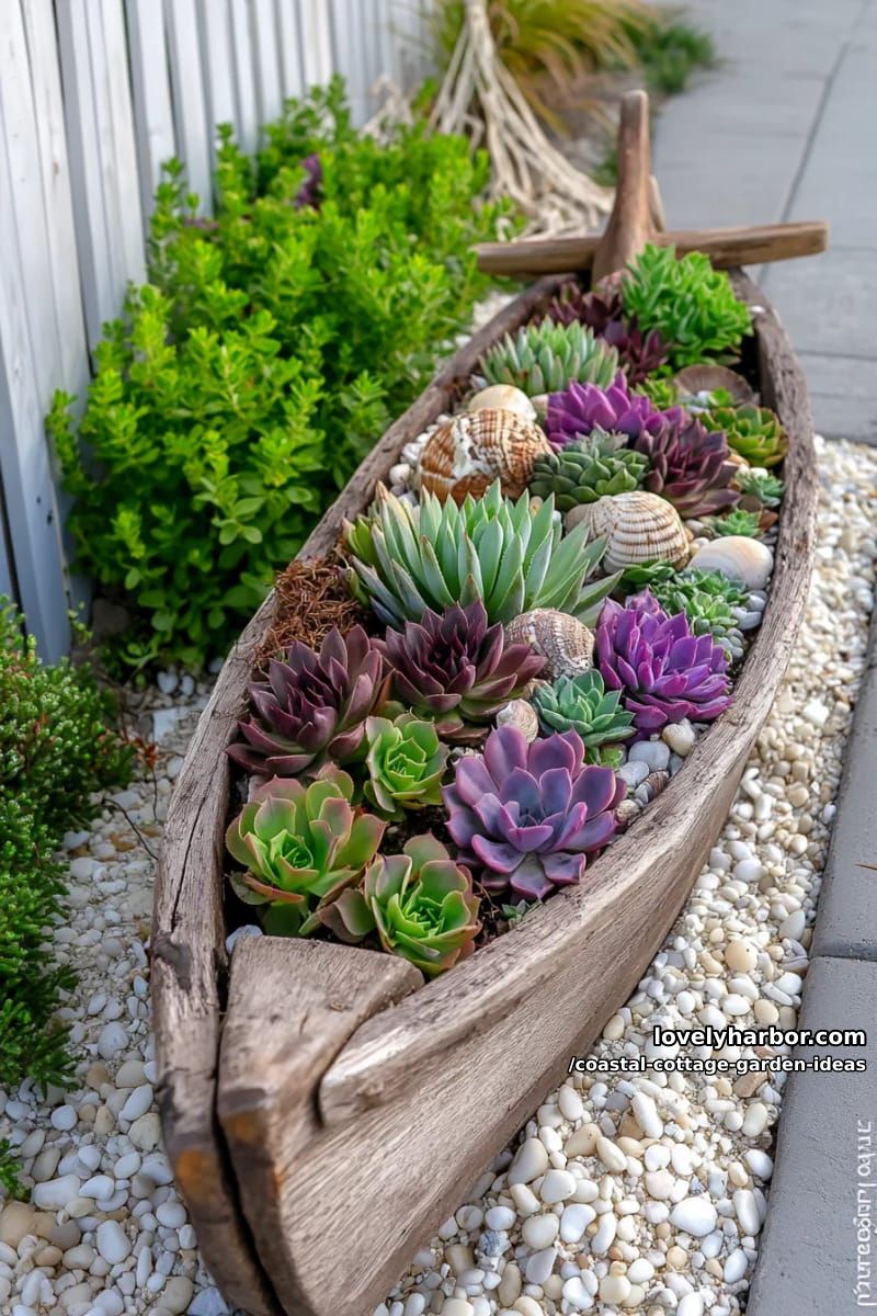 style a weathered rowboat as a succulent planter centerpiece for seaside flair 1