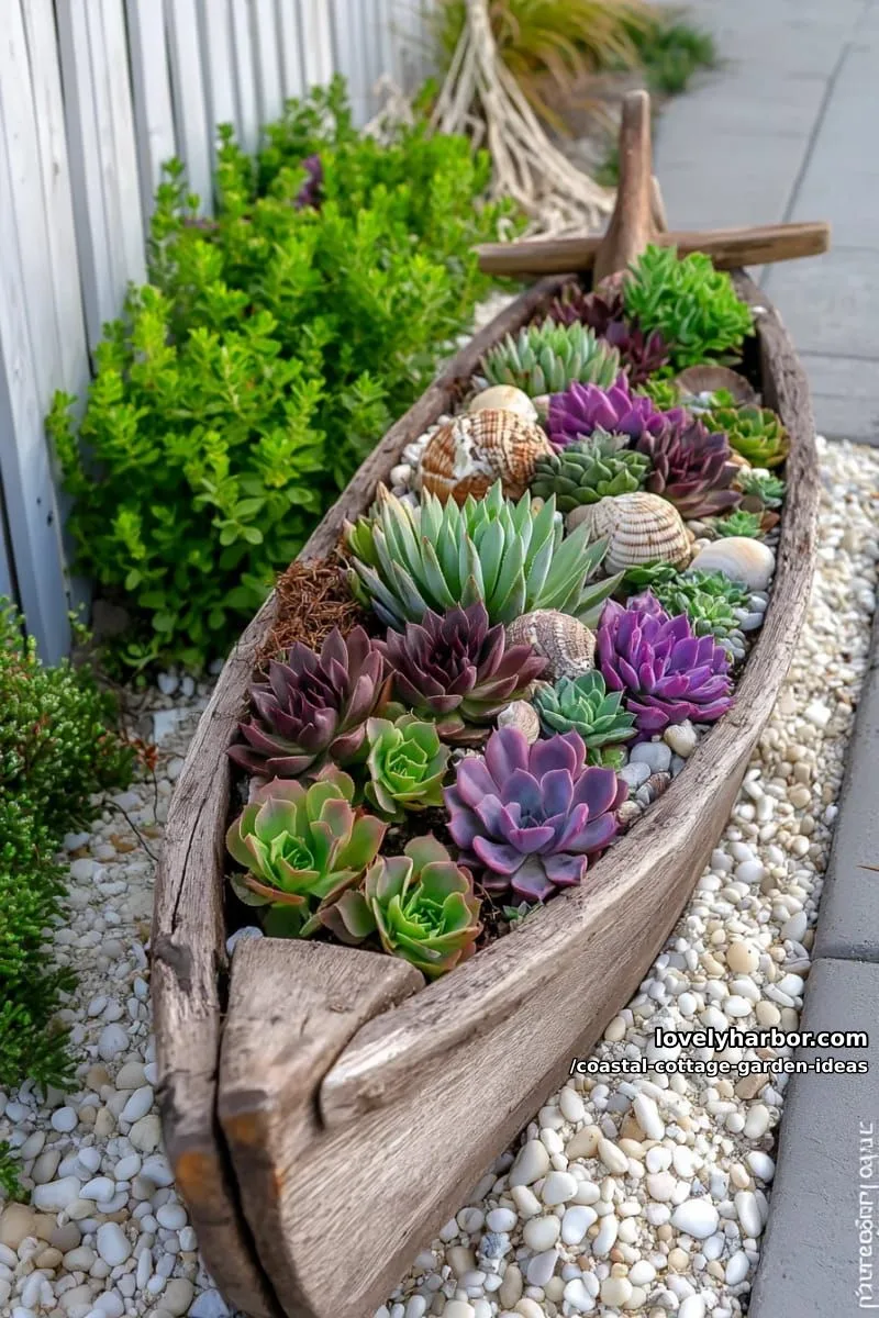 style a weathered rowboat as a succulent planter centerpiece for seaside flair 1