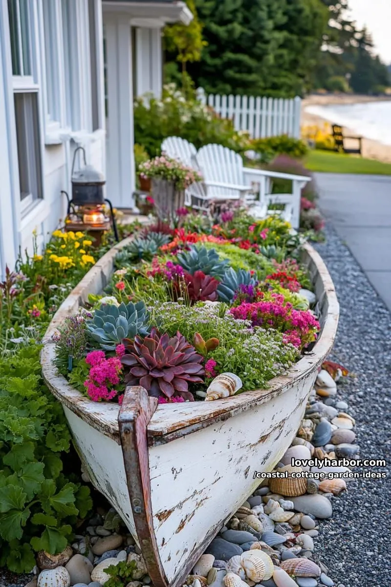 style a weathered rowboat as a succulent planter centerpiece for seaside flair 1