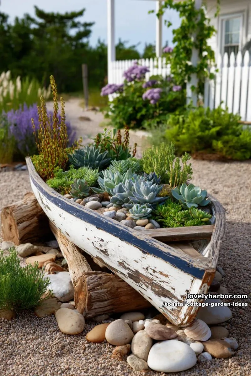 style a weathered rowboat as a succulent planter centerpiece for seaside flair 1