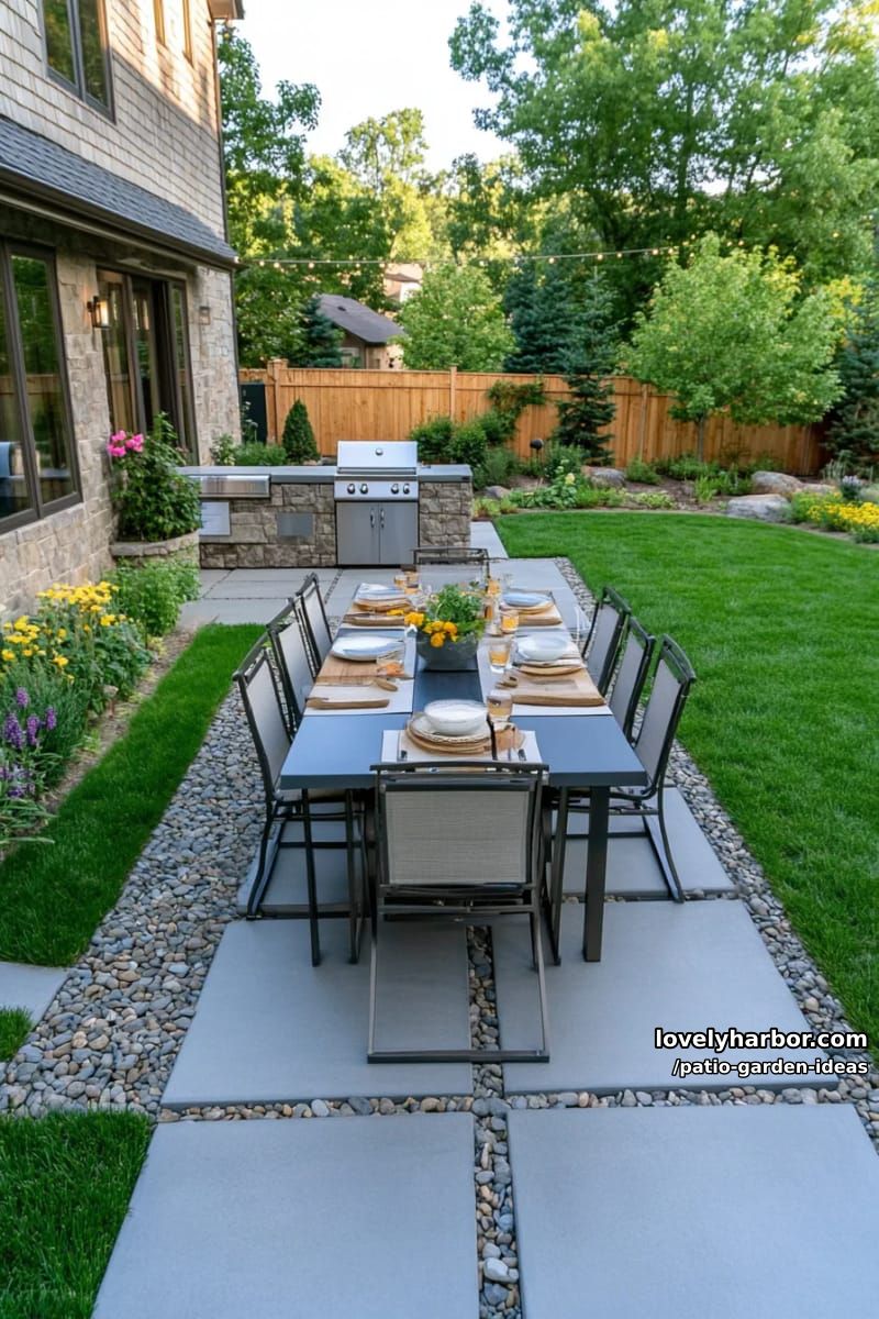 suburban backyard patio with concrete pavers, dining set, and grills. 1