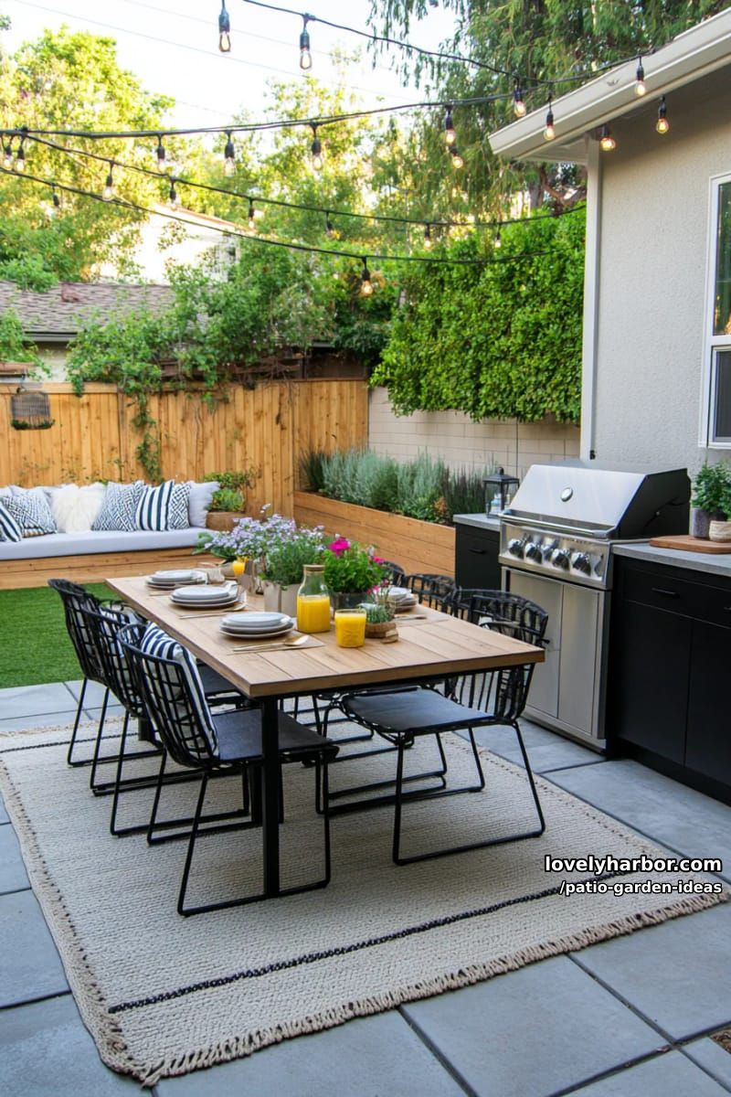 suburban backyard patio with concrete pavers, dining set, and grills. 1