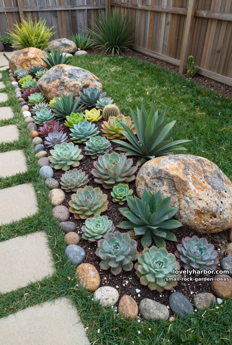 succulent bed bordered by river rocks, stepping stones, and drought plants. 1