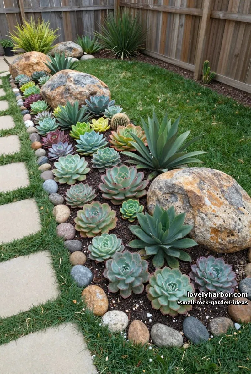 succulent bed bordered by river rocks, stepping stones, and drought plants. 1