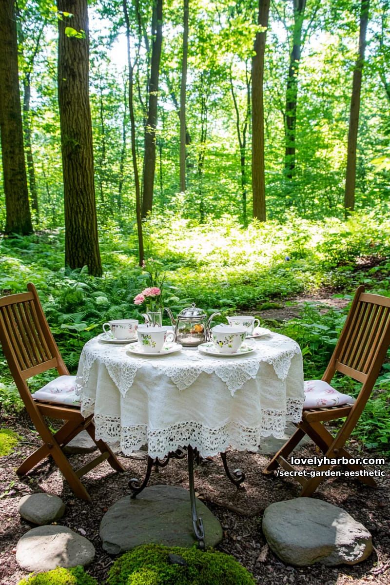 sun-dappled glen with a circular table for secret tea parties 1