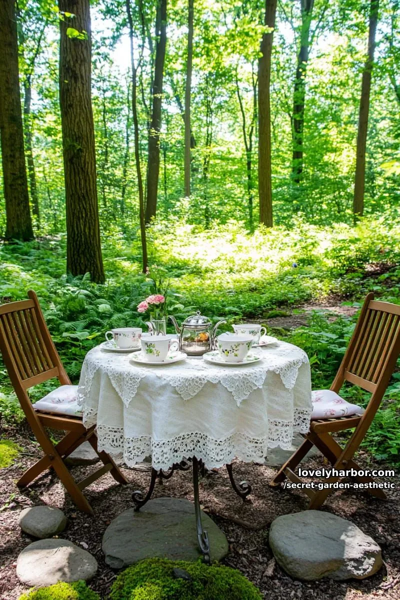 15 Secret Garden Inspirations for a Lush Backyard Retreat 36 sun-dappled glen with a circular table for secret tea parties 1