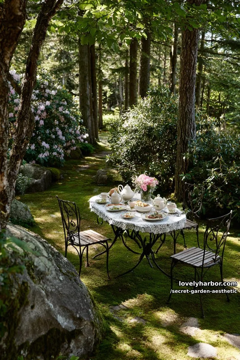 15 Secret Garden Inspirations for a Lush Backyard Retreat 37 sun-dappled glen with a circular table for secret tea parties 1