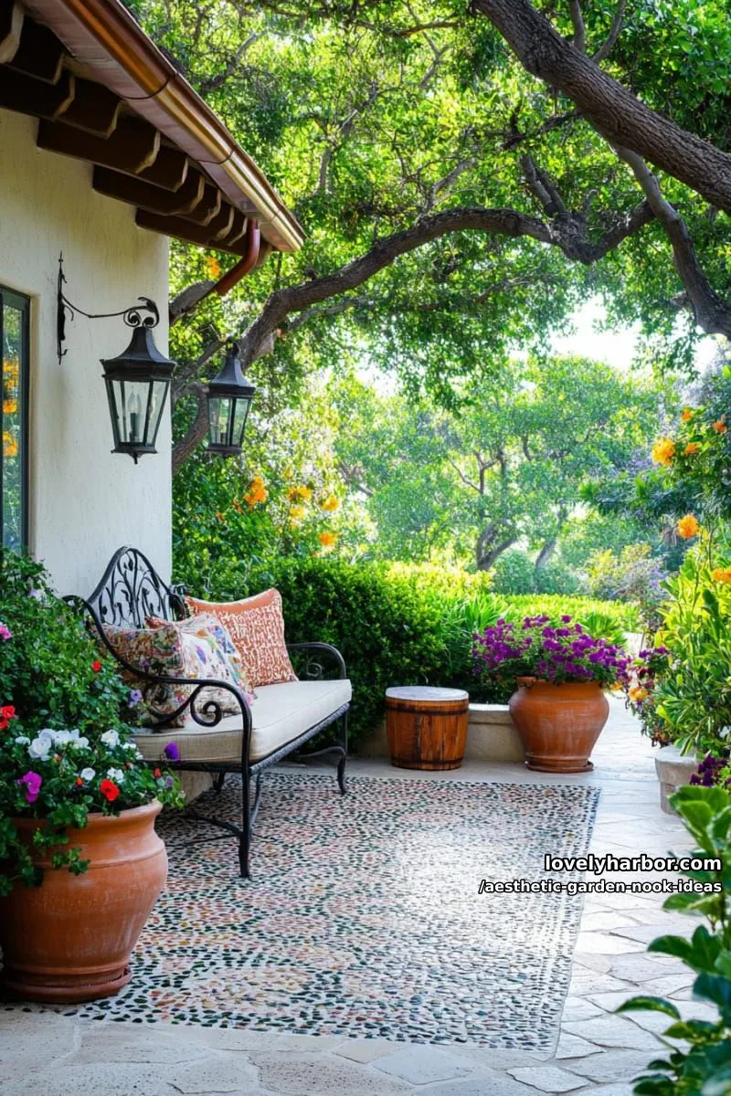15 Aesthetic Garden Nook Ideas to Inspire Your Outdoor Escape 29 sun-dappled nook with pebble mosaic path and oversized clay planters 1