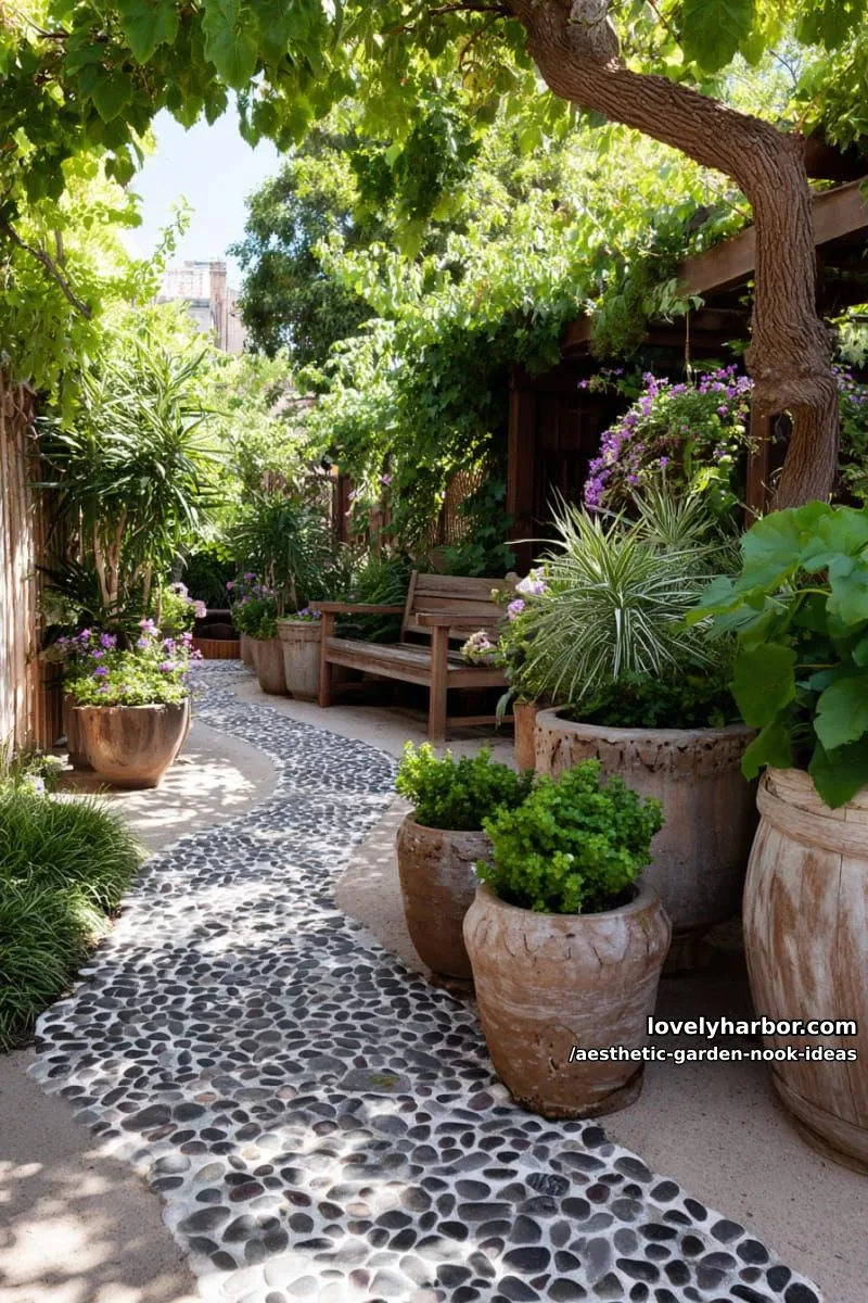15 Aesthetic Garden Nook Ideas to Inspire Your Outdoor Escape 30 sun-dappled nook with pebble mosaic path and oversized clay planters 1