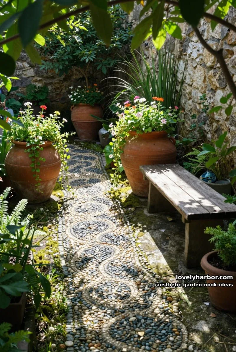 15 Aesthetic Garden Nook Ideas to Inspire Your Outdoor Escape 31 sun-dappled nook with pebble mosaic path and oversized clay planters 1
