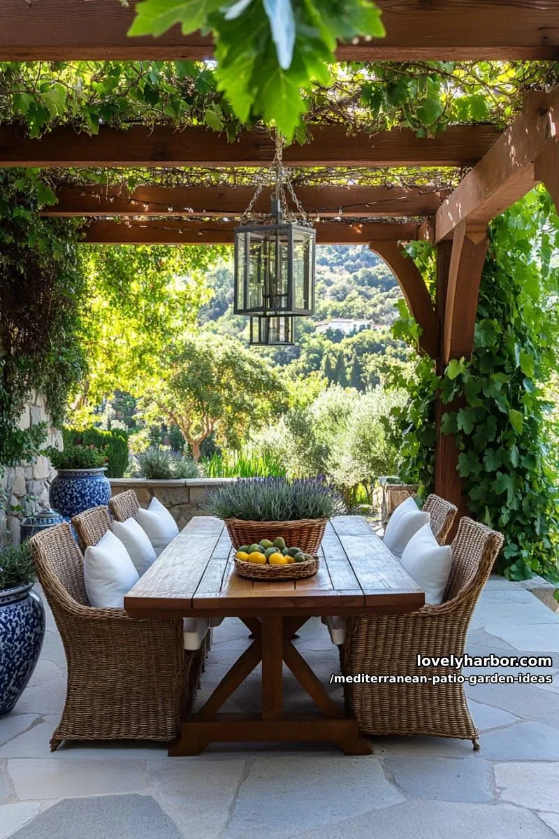 15 Mediterranean Patio Garden Ideas For A Dreamy Modern Homes 11 sun-drenched pergola draped in grapevines over cozy outdoor dining table 1