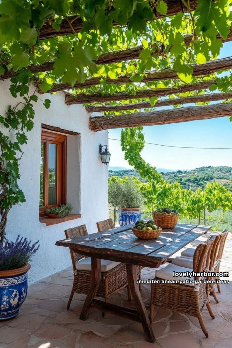 sun-drenched pergola draped in grapevines over cozy outdoor dining table 1