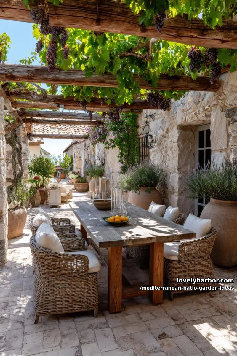 15 Mediterranean Patio Garden Ideas For A Dreamy Modern Homes 13 sun-drenched pergola draped in grapevines over cozy outdoor dining table 1