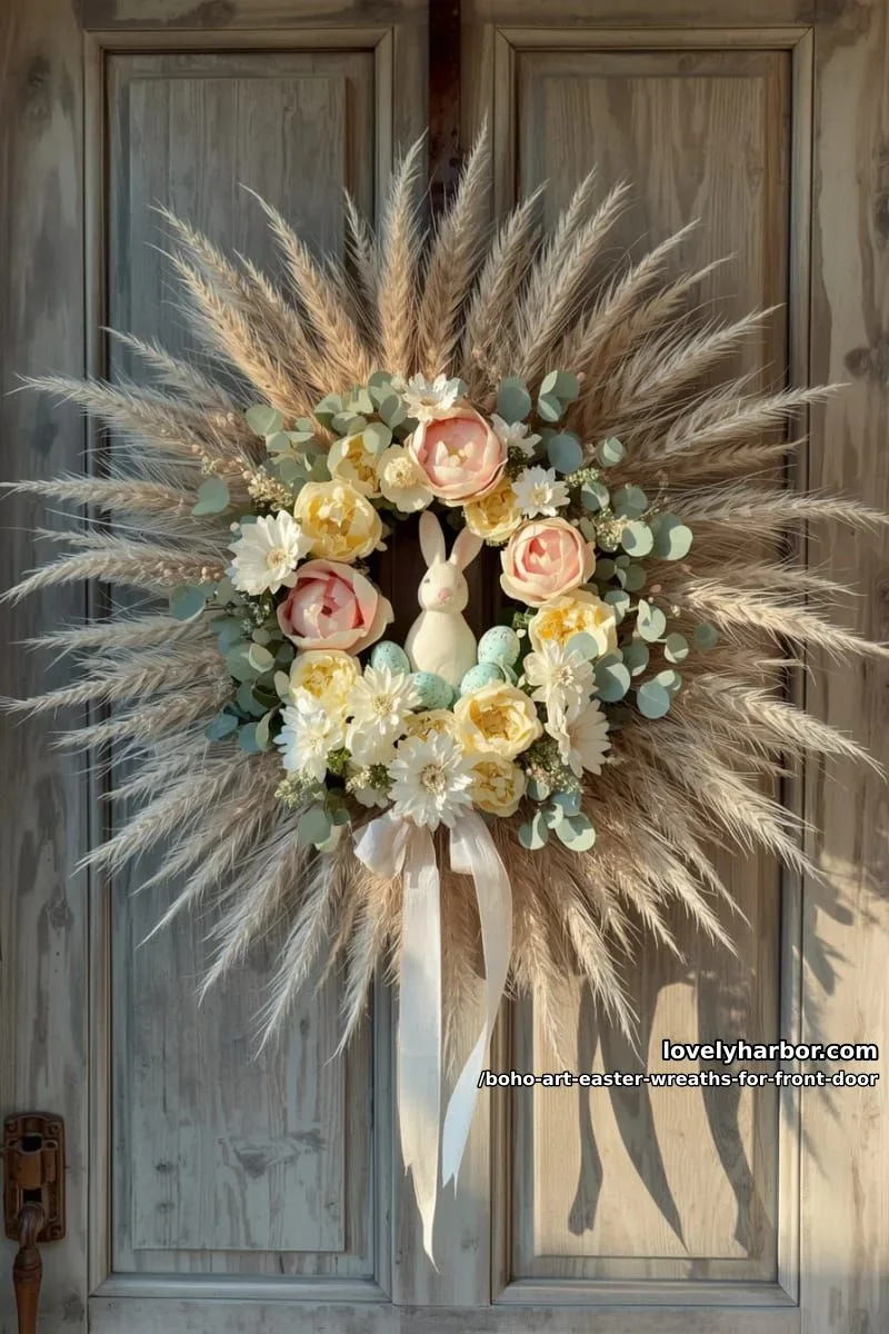 15 Boho Art Easter Wreaths for an Inviting Front Door 35 sunburst-style pampas grass wreath with a center floral cluster and easter charm 1
