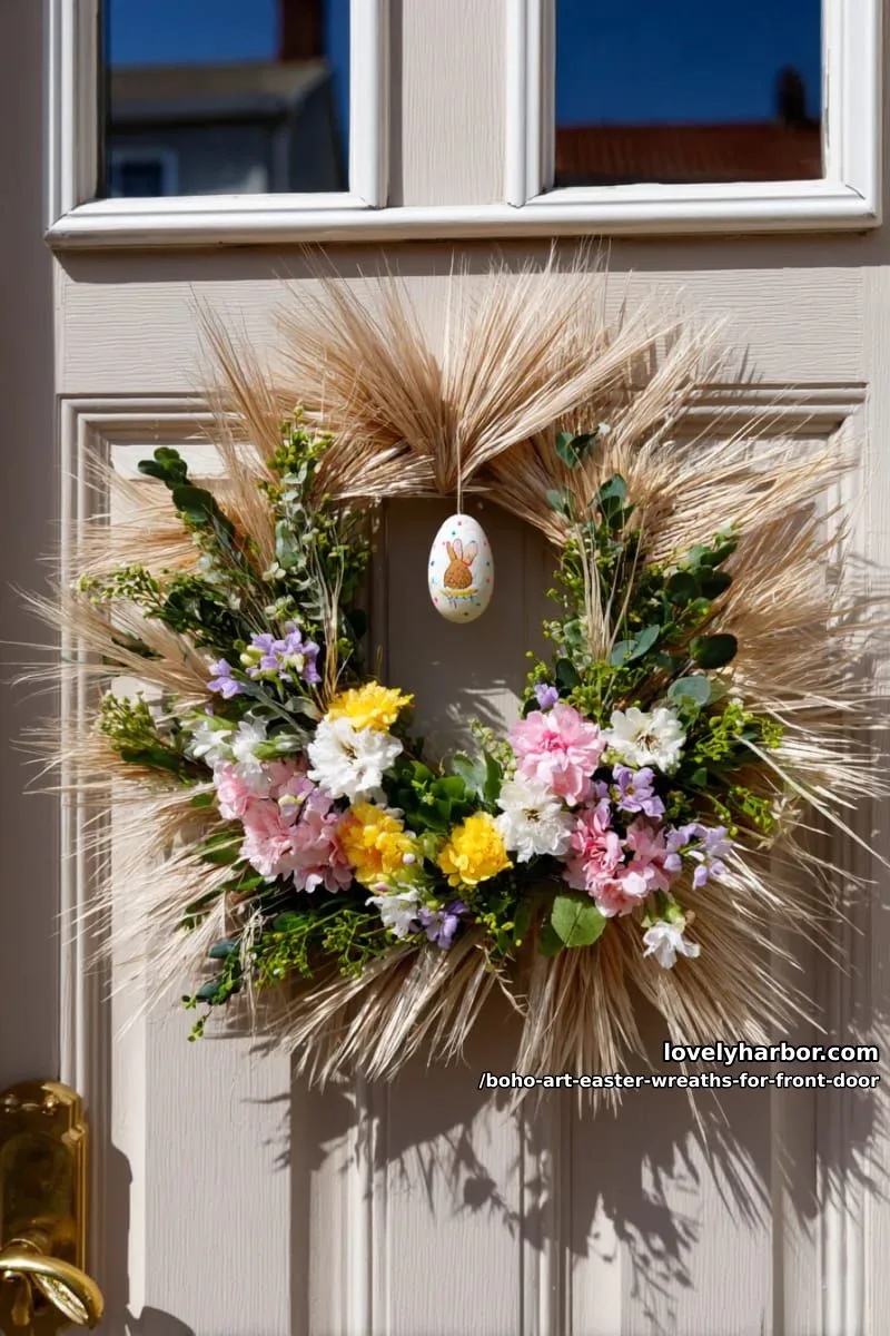 15 Boho Art Easter Wreaths for an Inviting Front Door 36 sunburst-style pampas grass wreath with a center floral cluster and easter charm 1