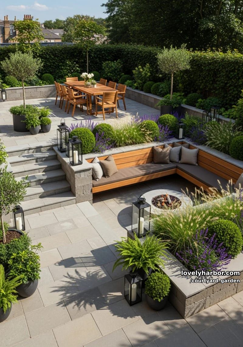 sunken seating garden with fire pit, wood bench, and elevated dining area 1