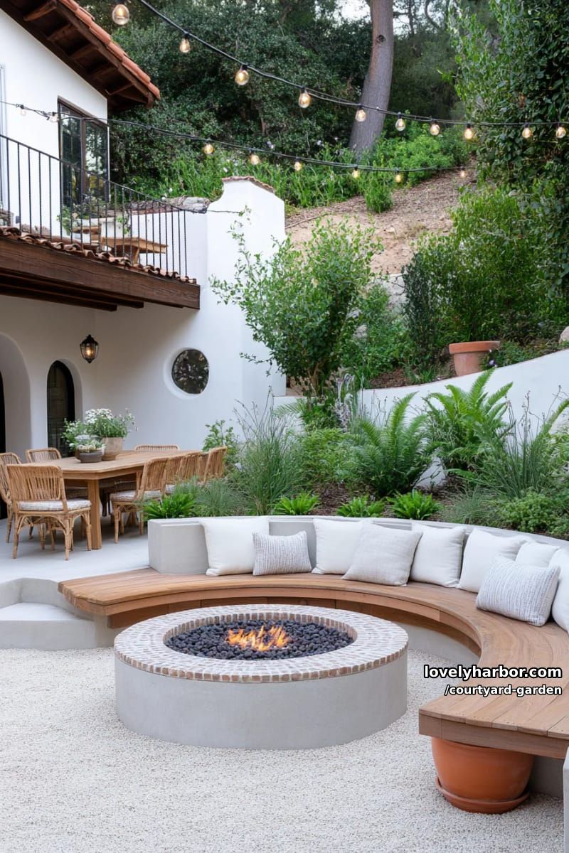 sunken seating garden with fire pit, wood bench, and elevated dining area 1