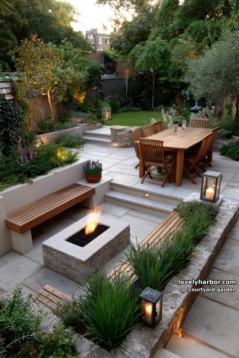 sunken seating garden with fire pit, wood bench, and elevated dining area 1