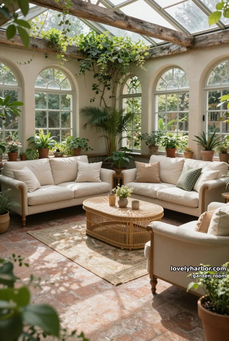 sunlit conservatory with brick floor, arched windows, and lush plants. 1