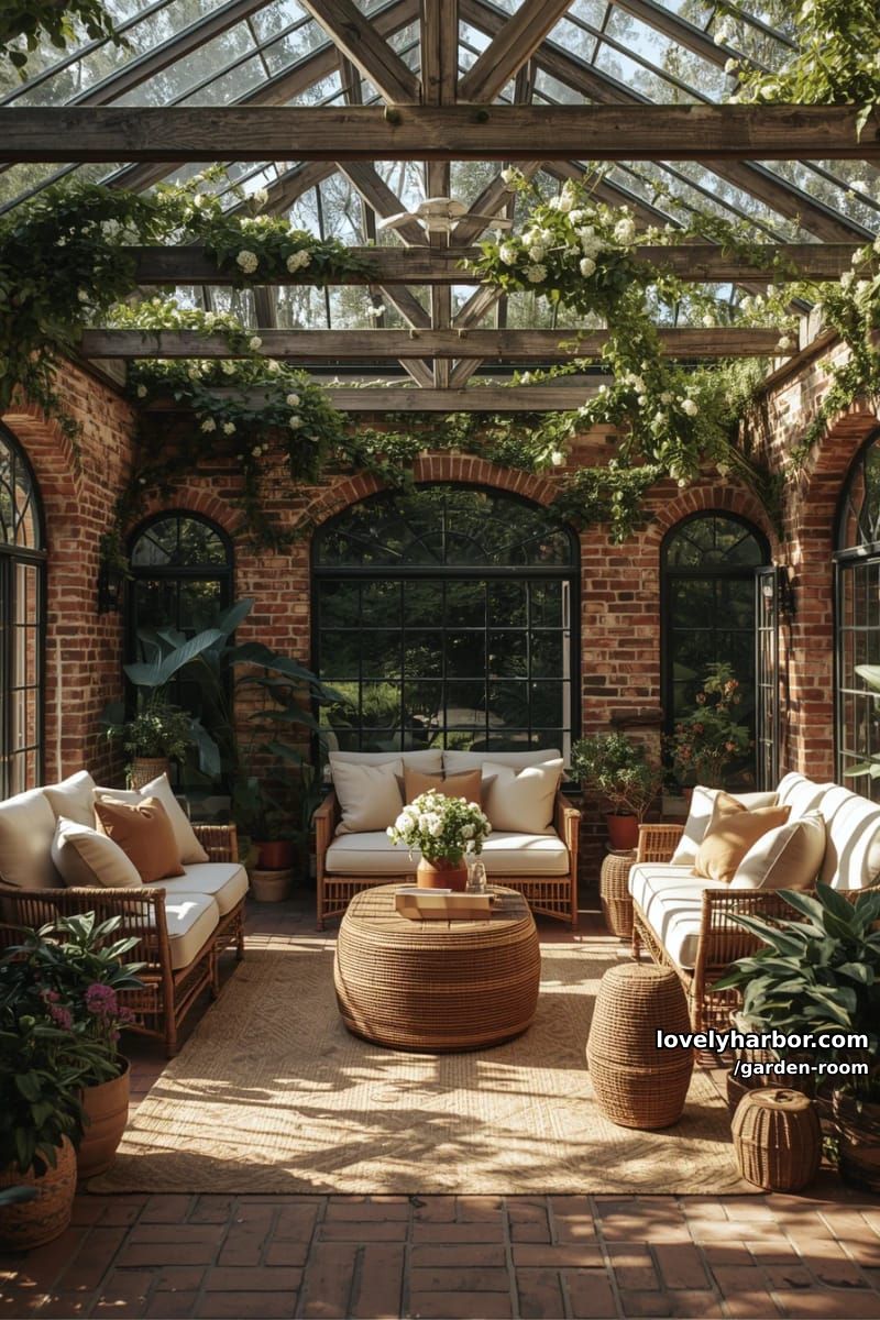 sunlit conservatory with brick floor, arched windows, and lush plants. 1