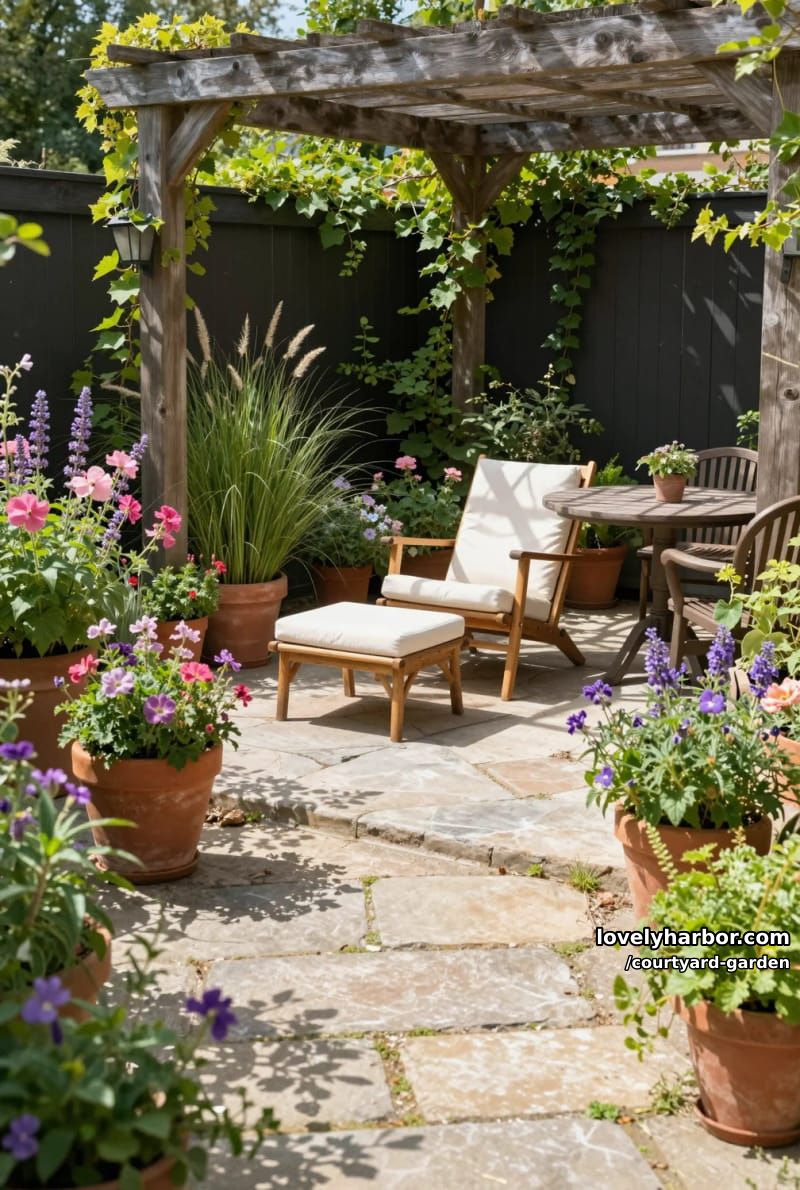 sunlit garden patio with pergola, abundant flowers, and lounge chair 1