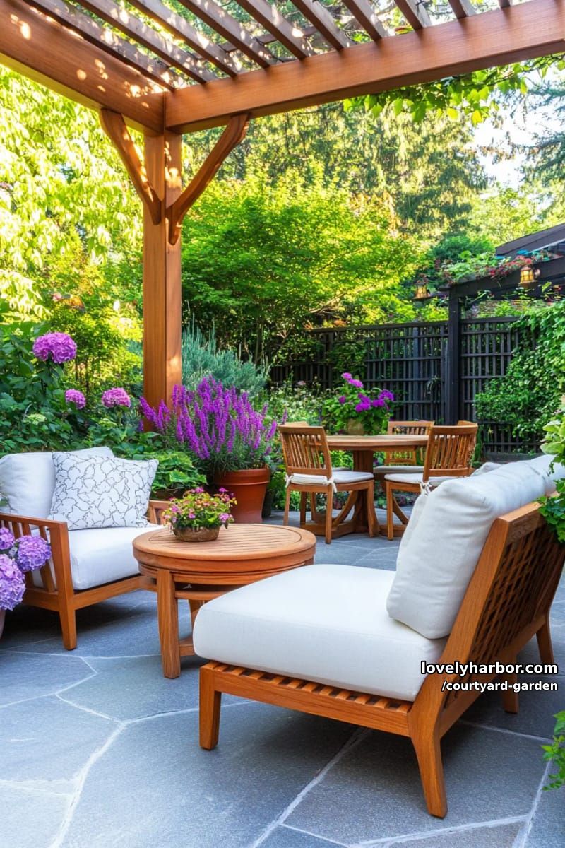 sunlit garden patio with pergola, abundant flowers, and lounge chair 1