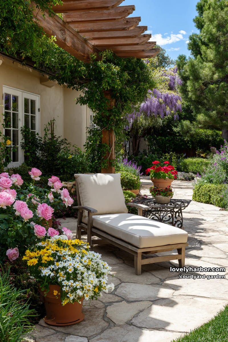 sunlit garden patio with pergola, abundant flowers, and lounge chair 1