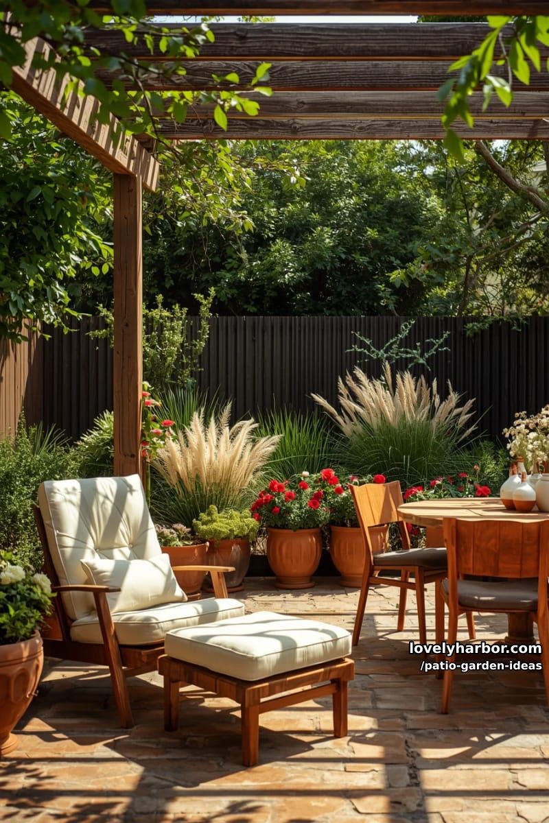 sunlit garden patio with pergola, lounge chair, and blooming flowers. 1