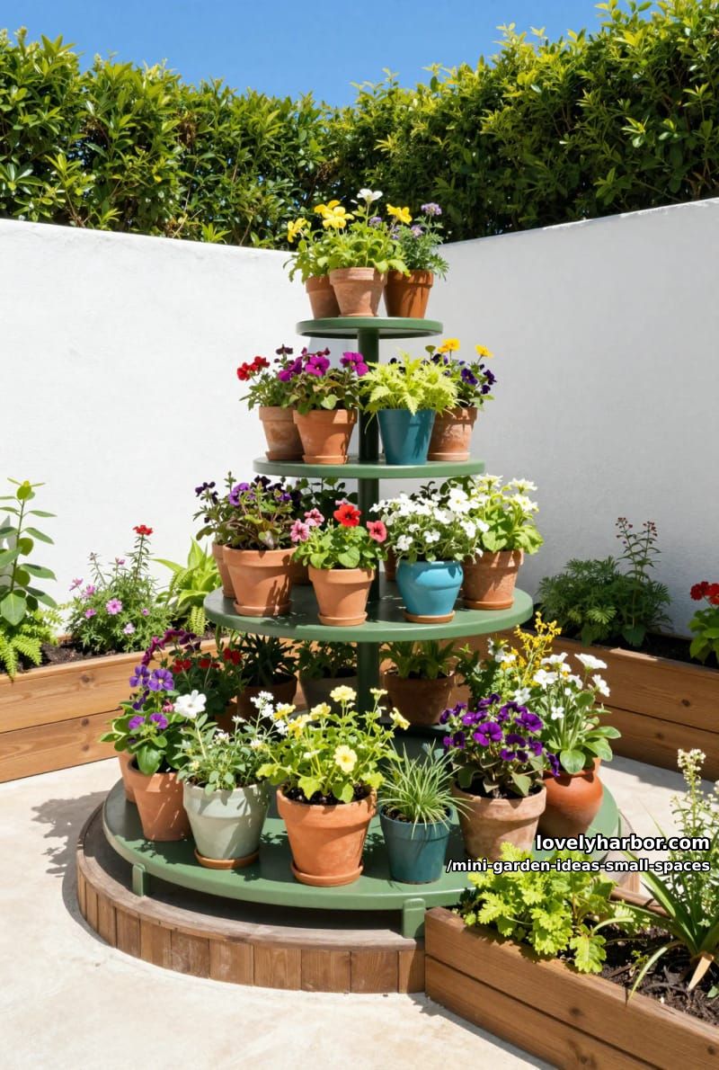 sunlit garden with tiered plant stand and colorful potted flowers. 1
