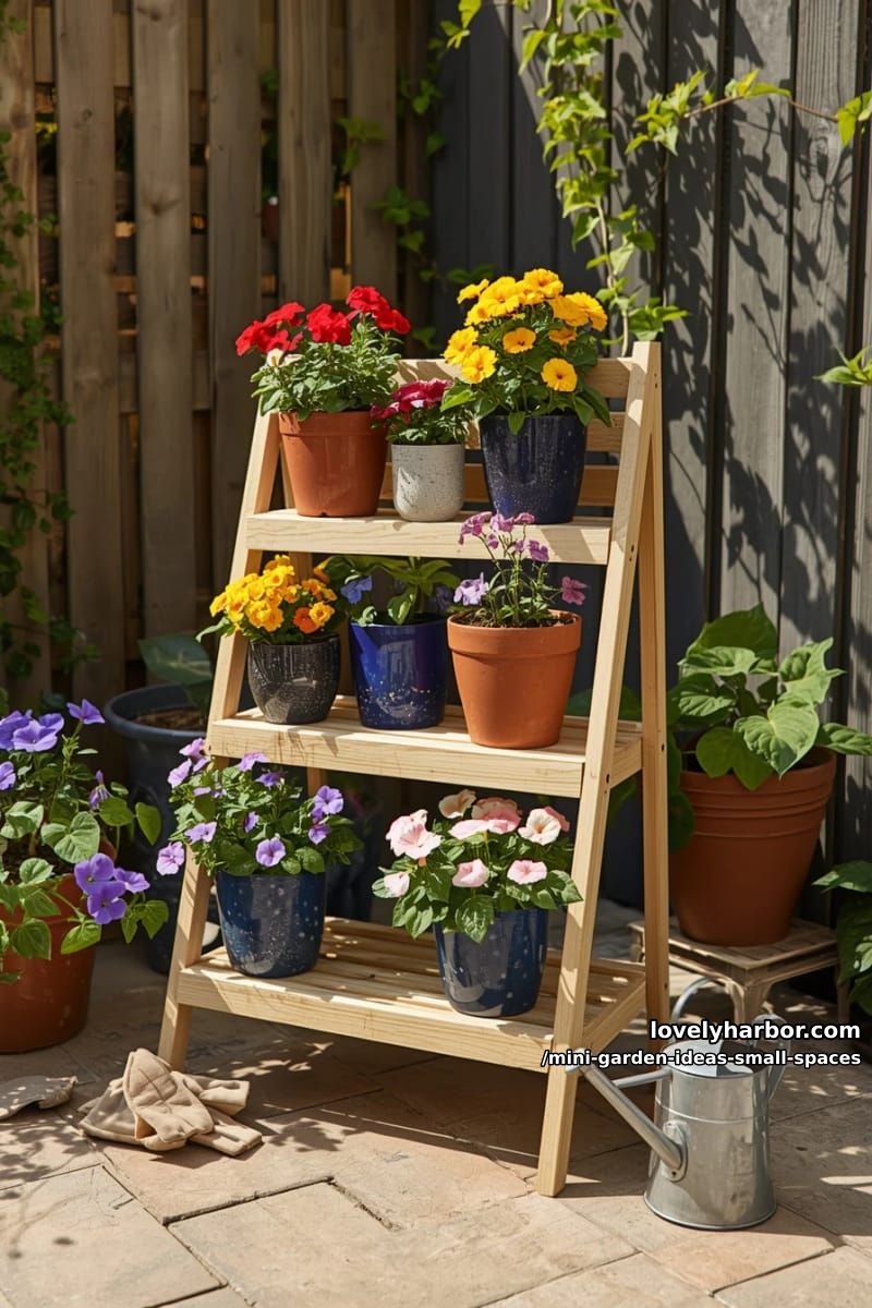 sunlit garden with tiered plant stand and colorful potted flowers. 1