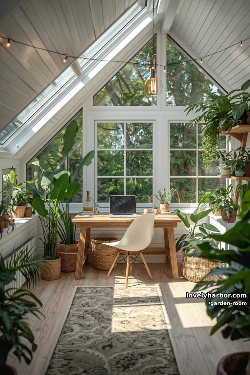 sunlit indoor workspace with glass roof, plants, and wooden desk. 1