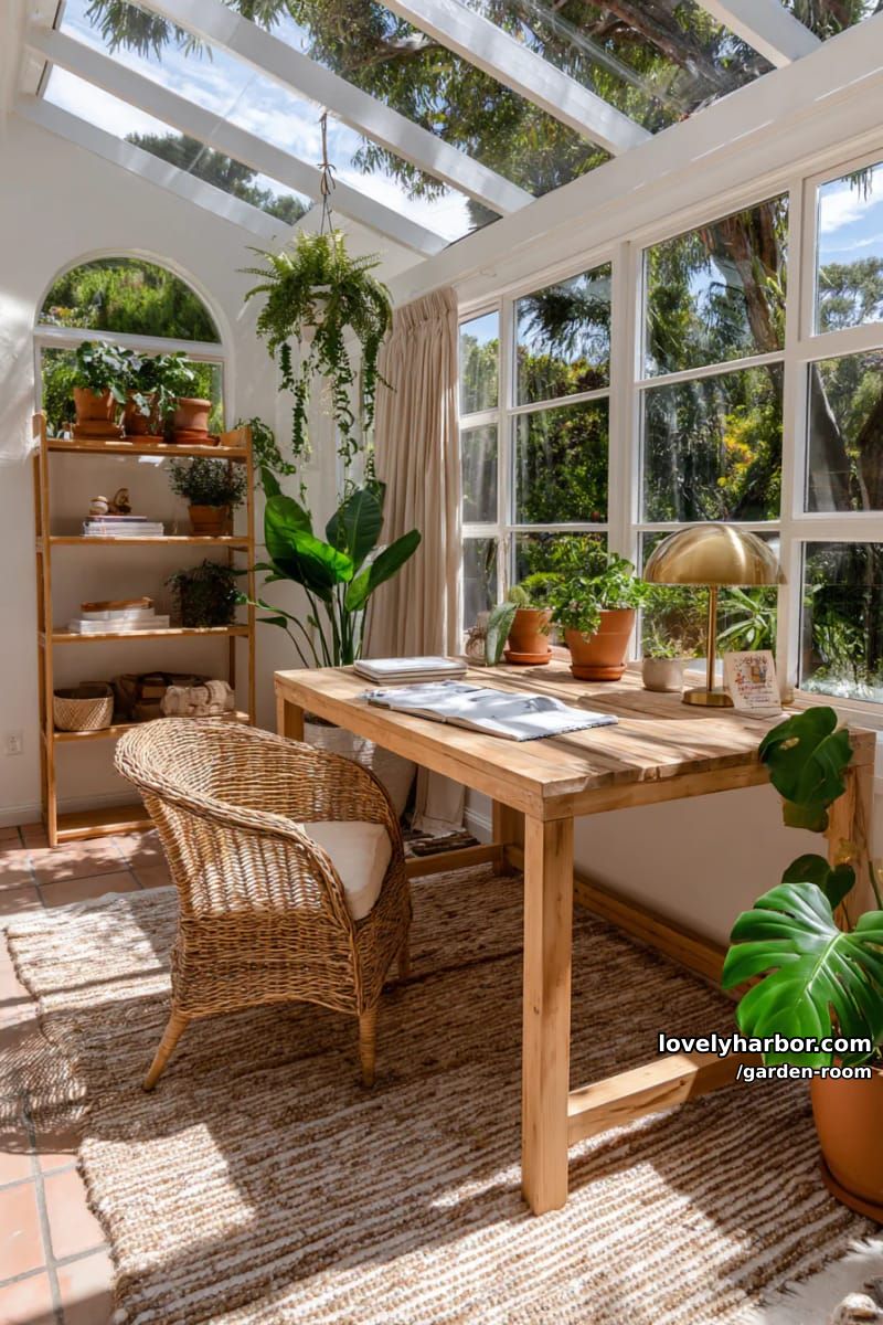 sunlit indoor workspace with glass roof, plants, and wooden desk. 1