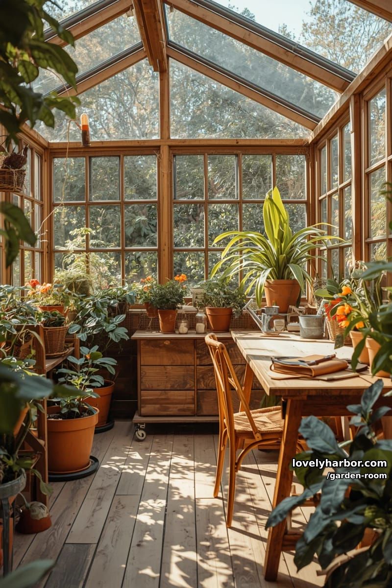 sunlit indoor workspace with glass roof, plants, and wooden desk. 1