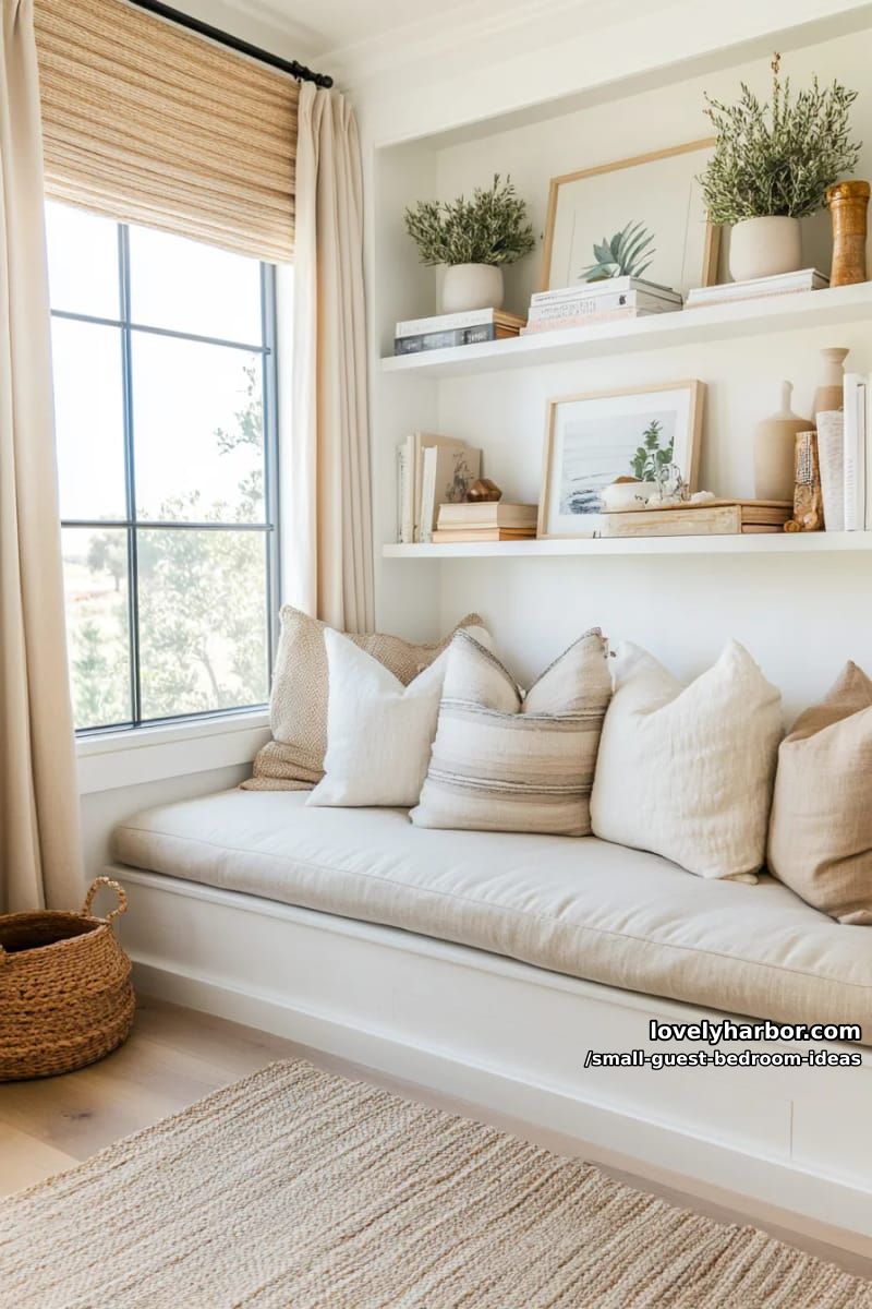 sunlit reading nook with beige daybed, built-in shelves, and woven rug. 1