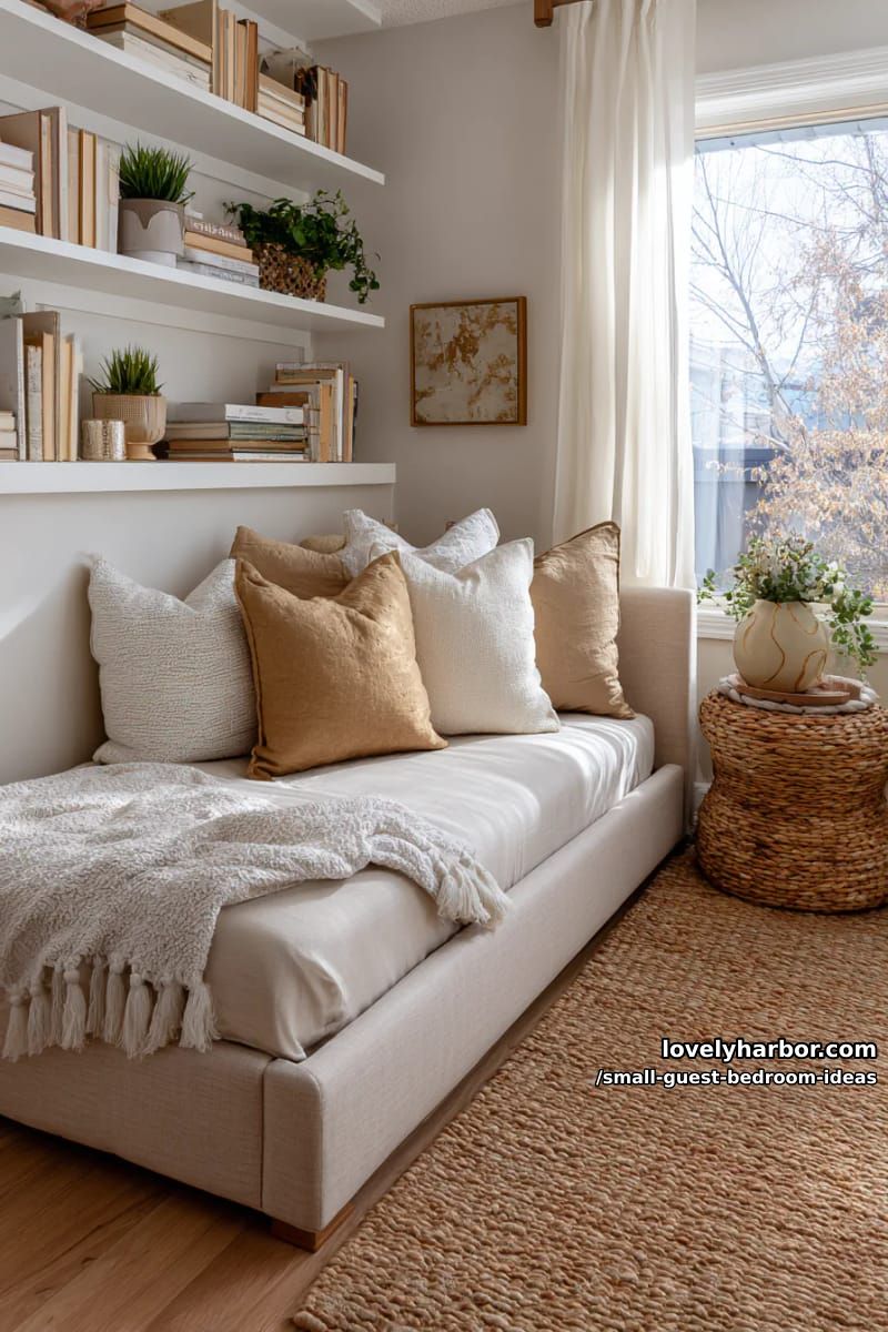 sunlit reading nook with beige daybed, built-in shelves, and woven rug. 1
