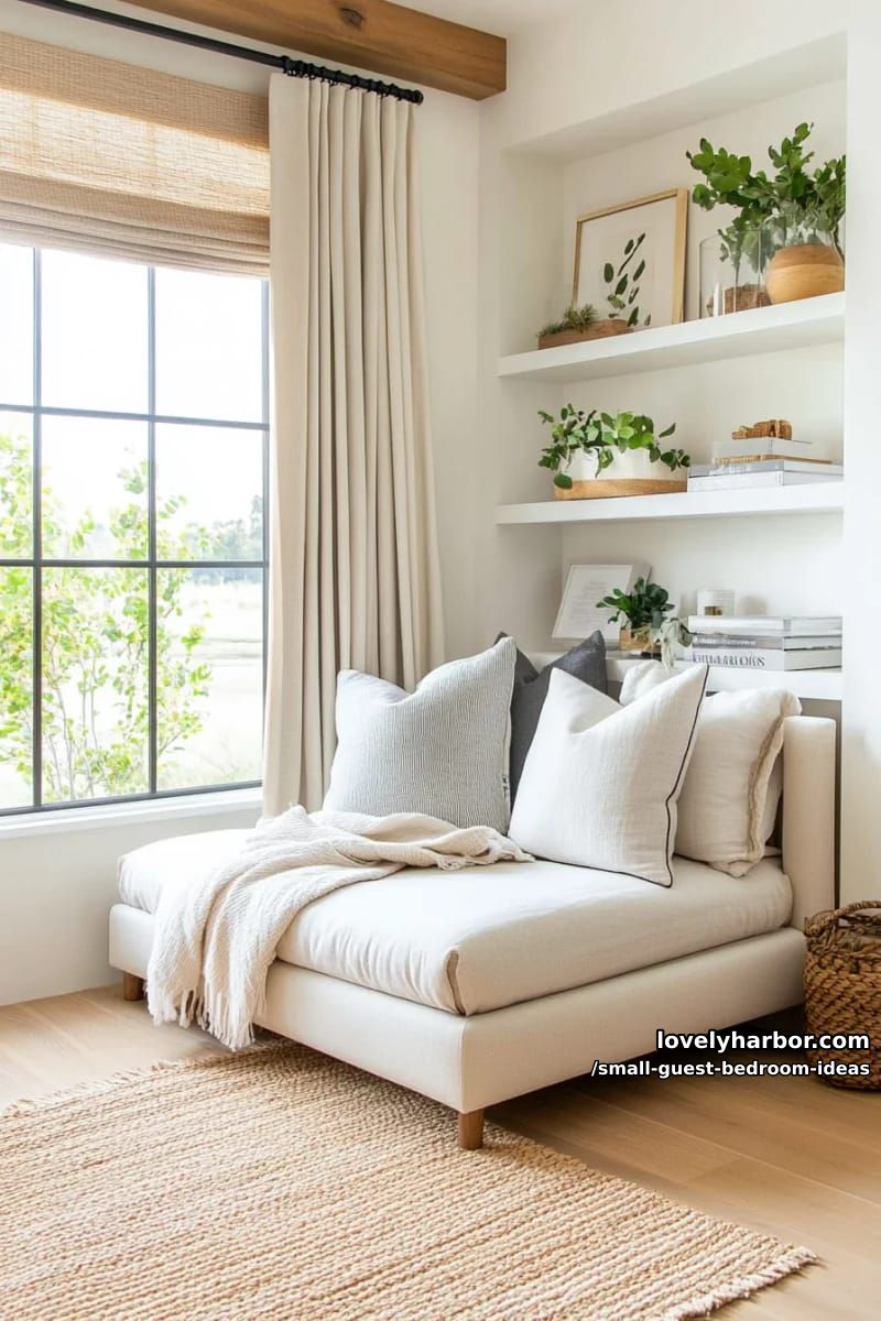 sunlit reading nook with beige daybed, built-in shelves, and woven rug. 1