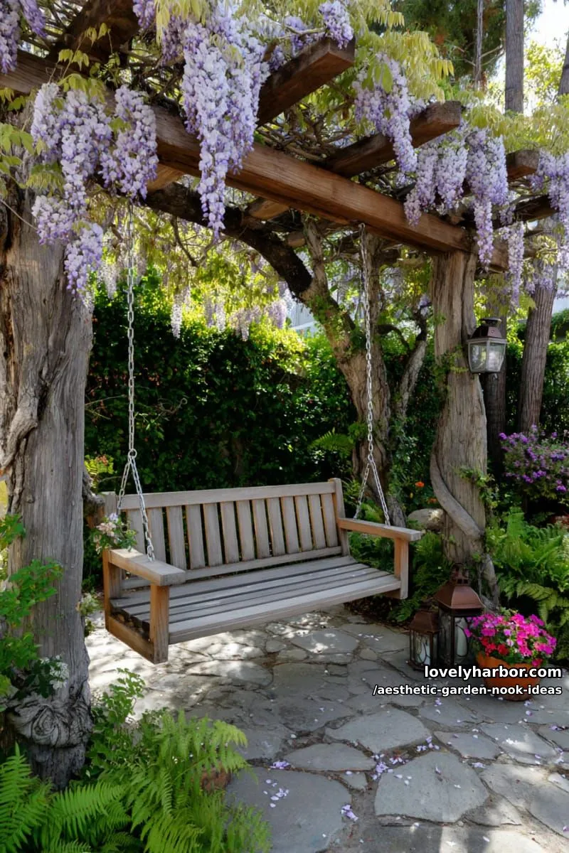 15 Aesthetic Garden Nook Ideas to Inspire Your Outdoor Escape 10 swing bench under a rustic pergola draped with wisteria blooms 1