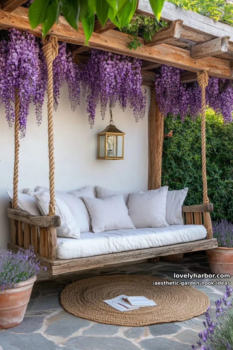 15 Aesthetic Garden Nook Ideas to Inspire Your Outdoor Escape 8 swing bench under a rustic pergola draped with wisteria blooms 1