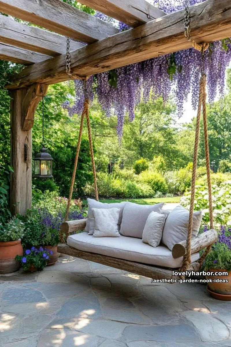 15 Aesthetic Garden Nook Ideas to Inspire Your Outdoor Escape 9 swing bench under a rustic pergola draped with wisteria blooms 1