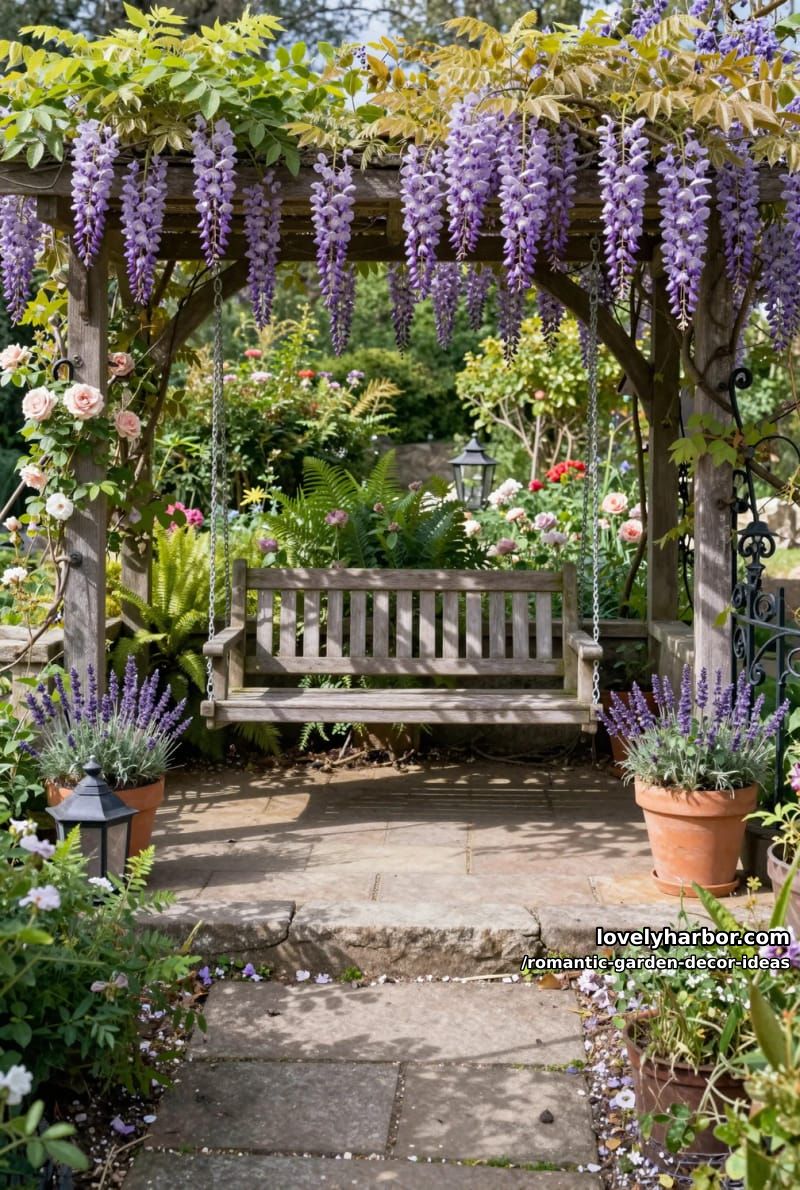 swing benches beneath wisteria-laden trellises for dreamy relaxation 1