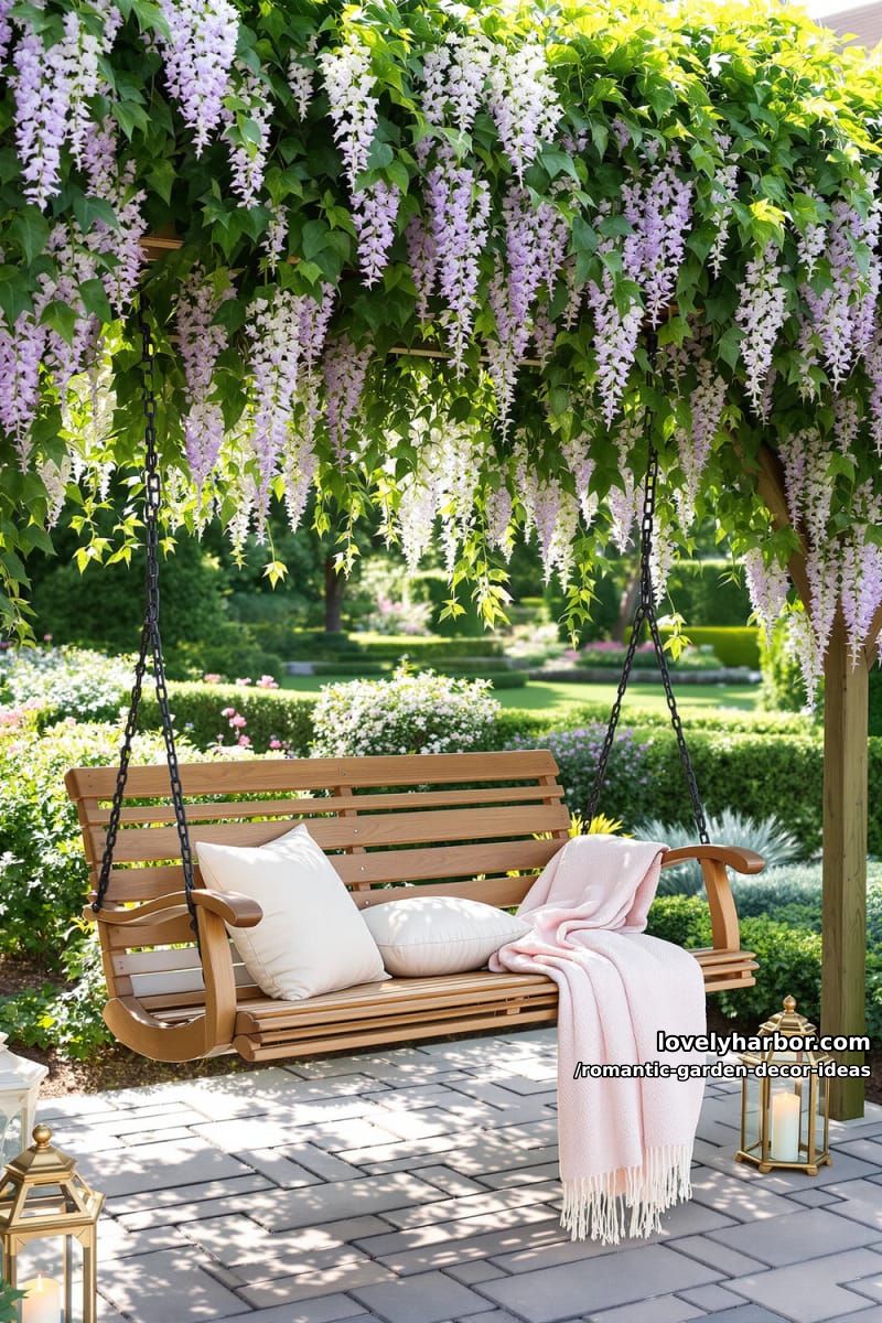 swing benches beneath wisteria-laden trellises for dreamy relaxation 1