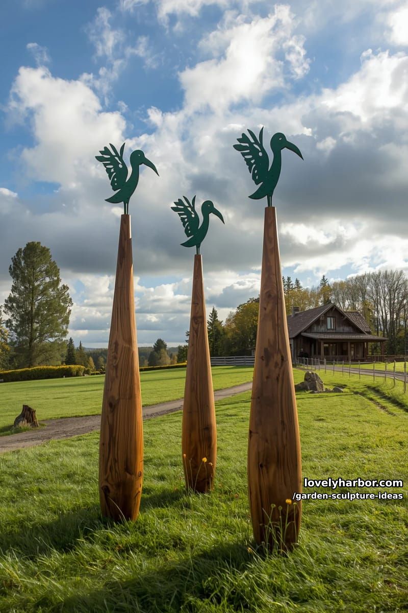 tall wooden sculptures with green metal birds on grassy rural lawn. 1