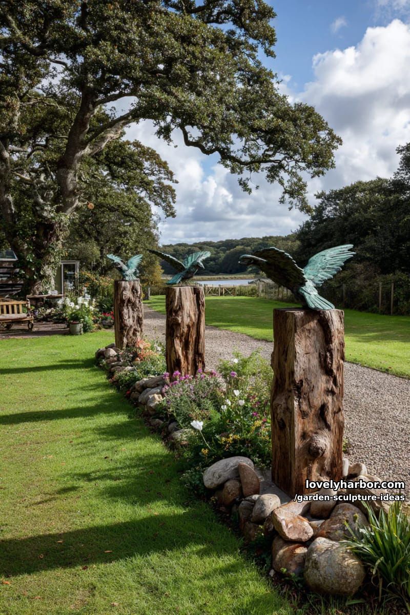 tall wooden sculptures with green metal birds on grassy rural lawn. 1