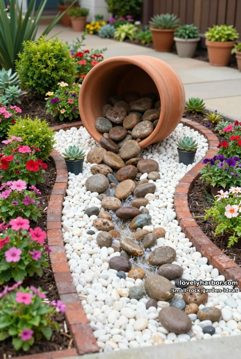 terracotta pot "spilling" stones on white pebbles, surrounded by vibrant flowers. 1