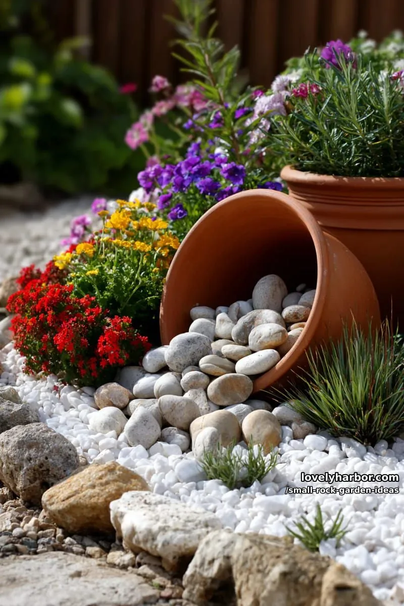 terracotta pot "spilling" stones on white pebbles, surrounded by vibrant flowers. 1