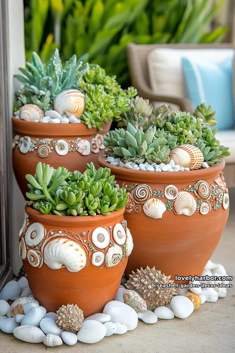 terracotta pots embellished with mixed shell designs 1