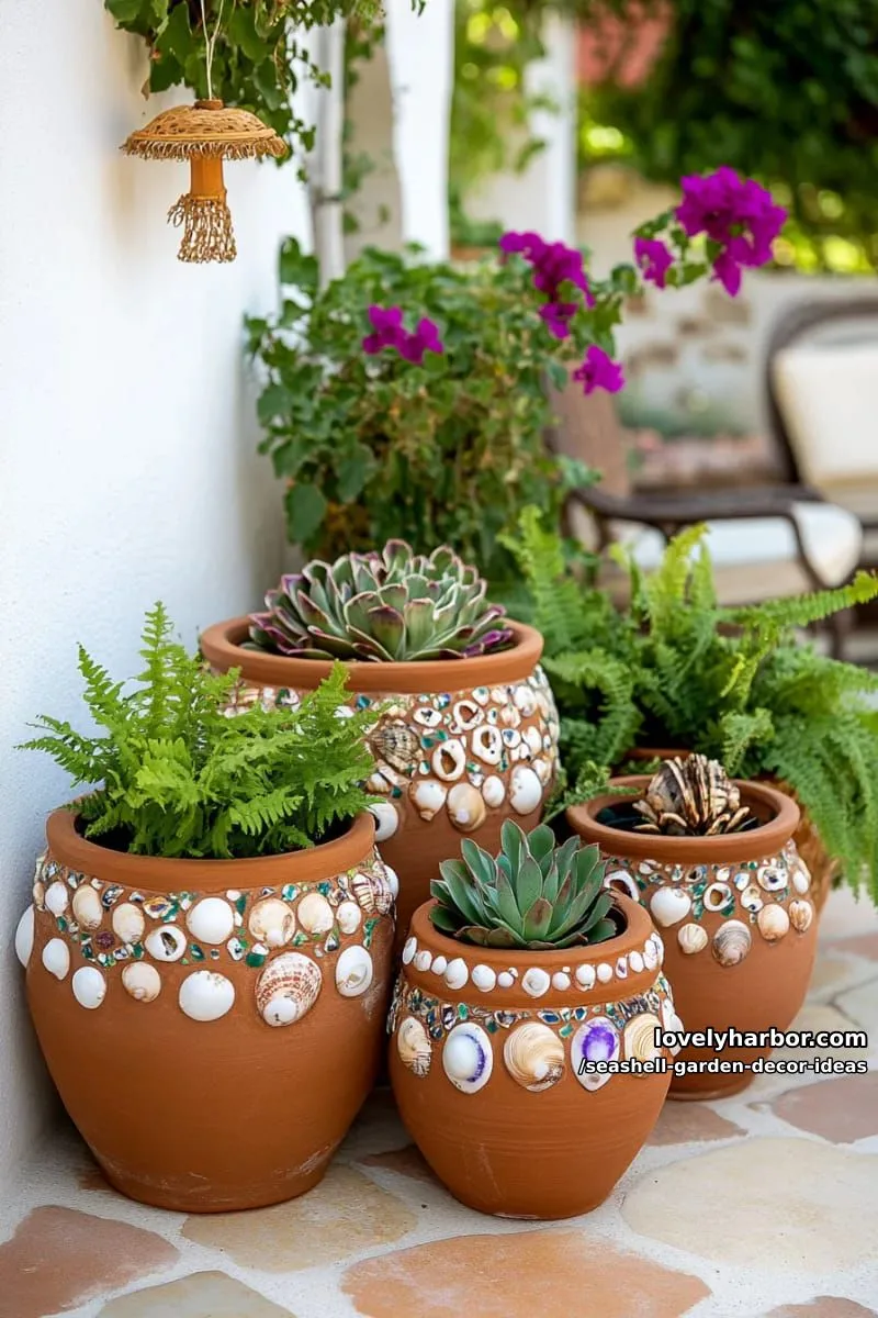 terracotta pots embellished with mixed shell designs 1
