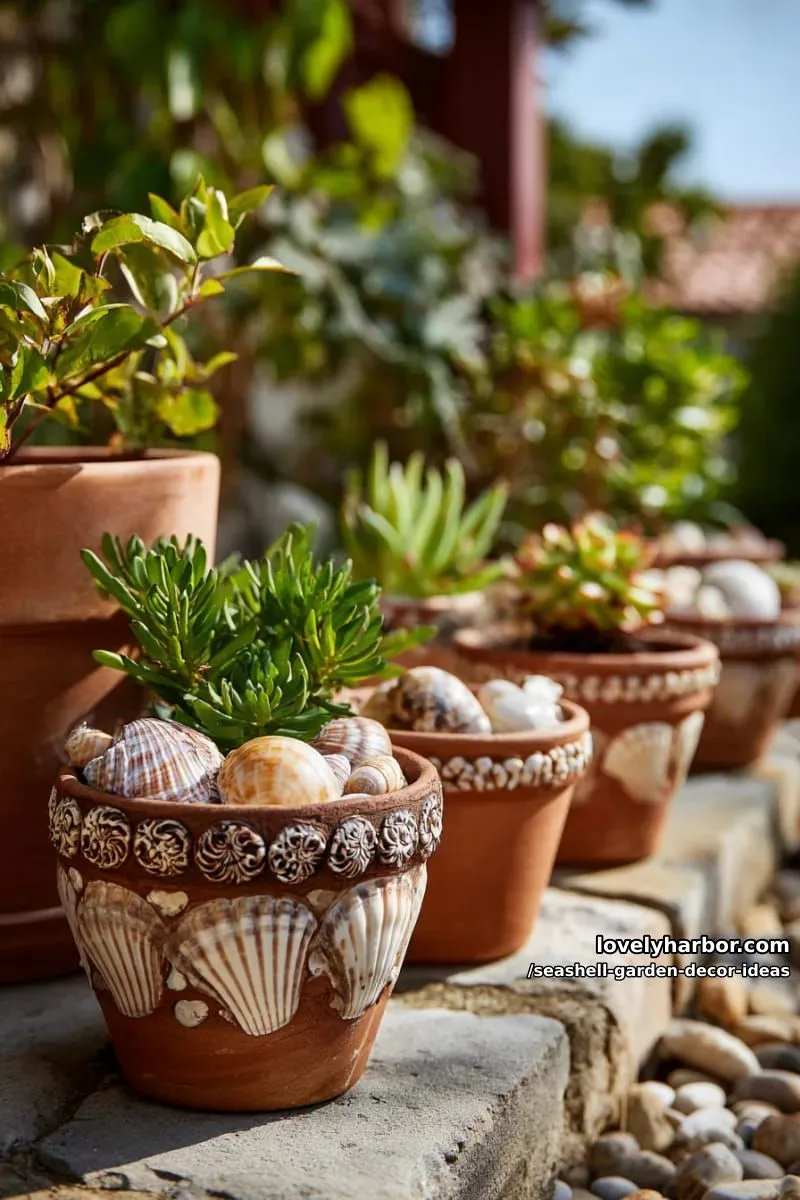 terracotta pots embellished with mixed shell designs 1