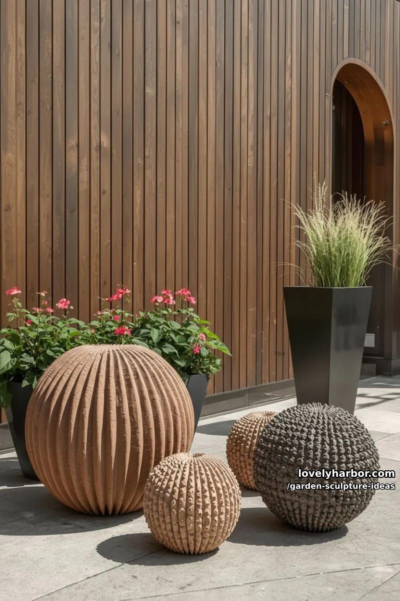 textured spherical sculptures outdoors with plants and wooden wall. 1