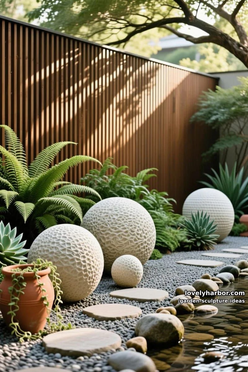 textured spherical sculptures outdoors with plants and wooden wall. 1